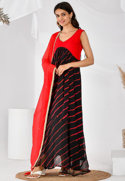 Leheriya Printed Chiffon Abaya Style Suit in Black and Red