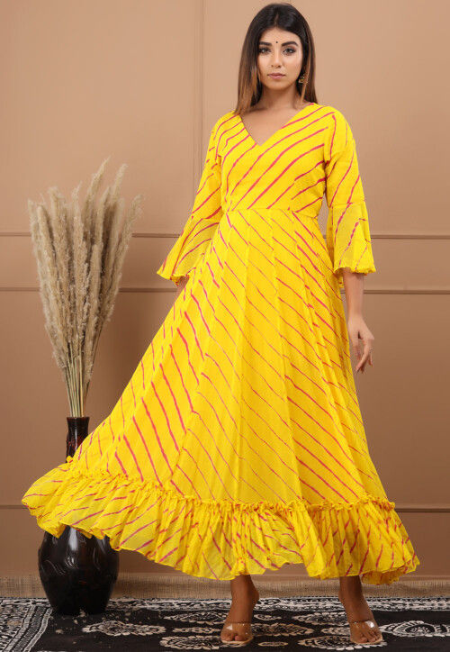Buy Leheriya Printed Chiffon Midi Dress in Yellow Online : TBF465 - Utsav  Fashion