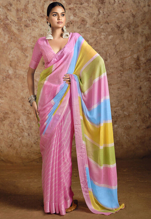 Leheriya Printed Chiffon Saree in Multicolor and Pink