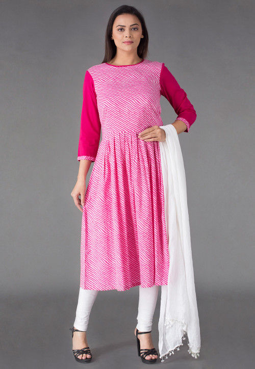 Leheriya Printed Cotton Anarkali Suit in Pink