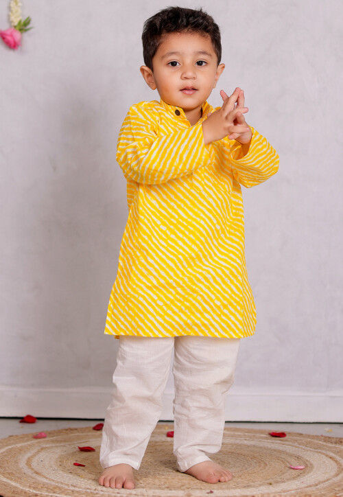 Leheriya Printed Cotton Kurta Set in Yellow