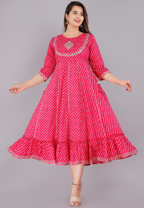 Leheriya Printed Cotton Layered Dress in Fuchsia