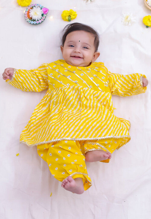 Leheriya Printed Cotton Lurex A Line Kurta Set in Yellow