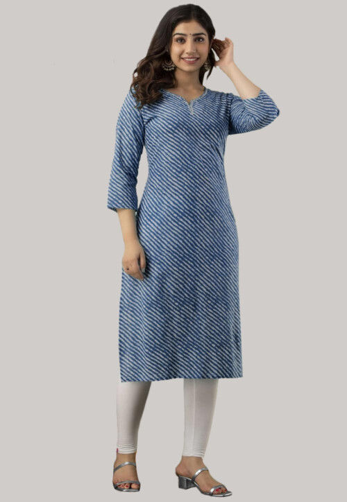 Leheriya Printed Cotton Straight Cut Kurti in Blue