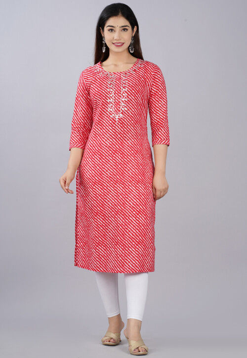 Leheriya Printed Cotton Straight Kurti in Red and Pink