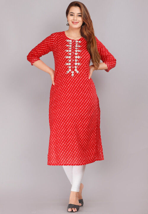 Buy Red & White -Readymade Cotton straight Kurti with floral print online |  Readymade Suits from ShrusEternity