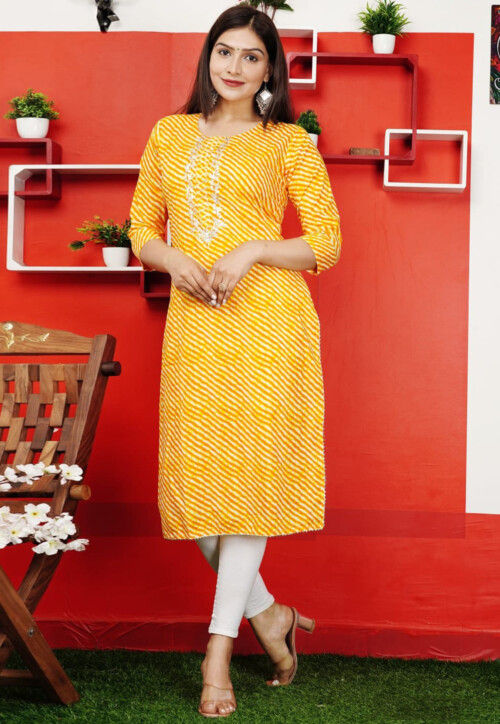 Rayon readymade kurti pale yellow with embroidery work & simple neck p –  Maatshi