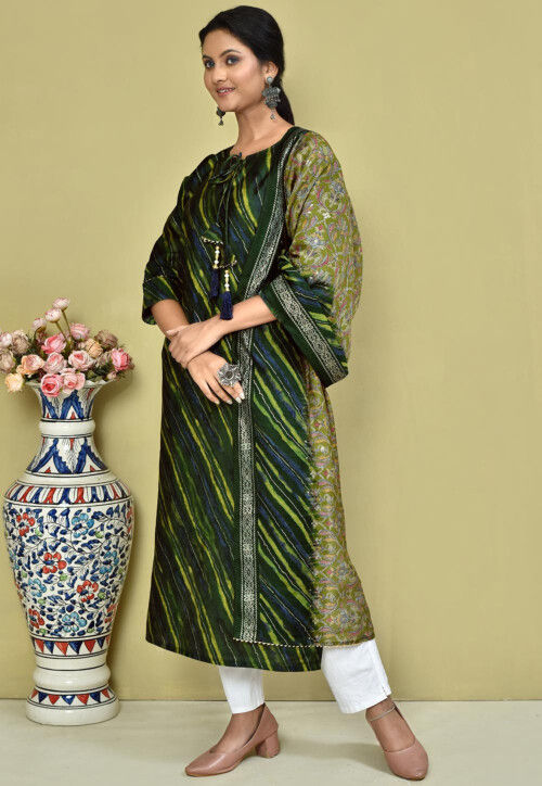 Buy Leheriya Printed Crepe Silk Pakistani Suit in Dark Green Online