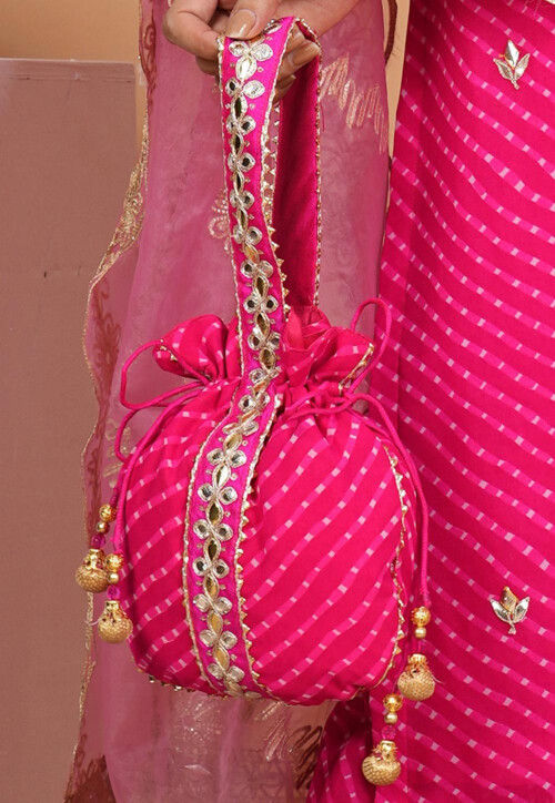 Leheriya Printed Geogrette Potli Bag in Pink