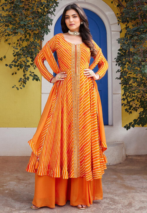 Buy Leheriya Printed Georgette A Line Suit in Orange Online