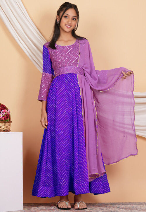 Leheriya Printed Georgette Abaya Style Suit in Purple