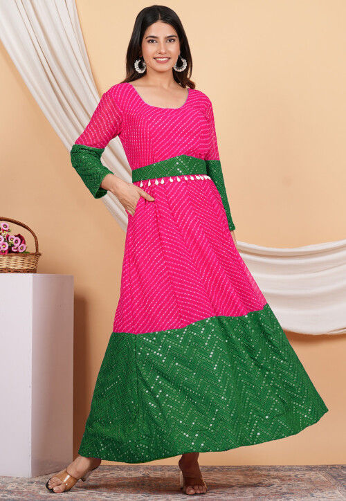 Buy Leheriya Printed Georgette Anarkali Kurta in Pink and Green Online TJW2311 Utsav Fashion