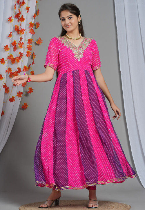 Leheriya Printed Georgette Anarkali Kurta Set in Fuchsia And Purple