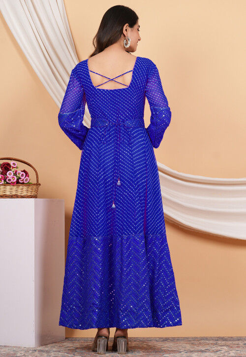 Women's Leheriya Blue Anarkali Kurta Set with Dupatta