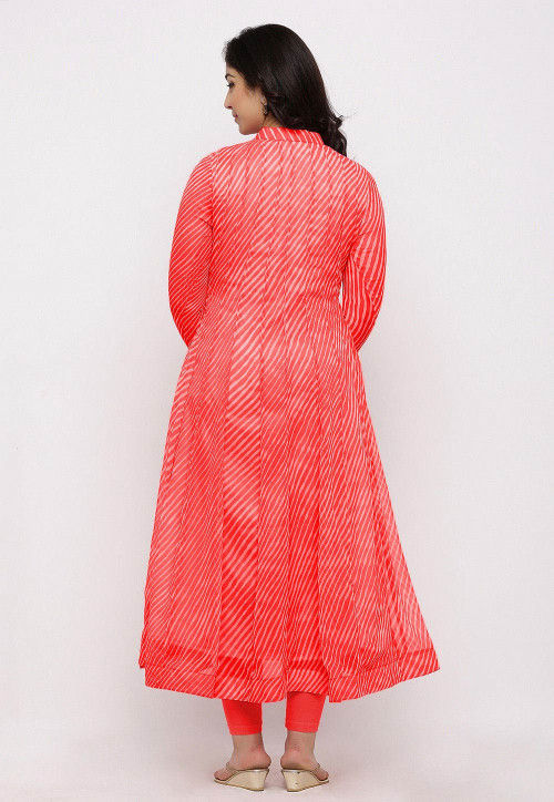 Red Bandhani And Leheriya Jacket Anarkali Suit In Georgette