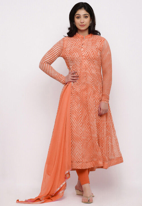 Leheriya Printed Georgette Anarkali Suit in Orange