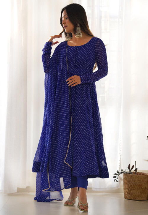 Leheriya Printed Georgette Anarkali Suit in Royal Blue