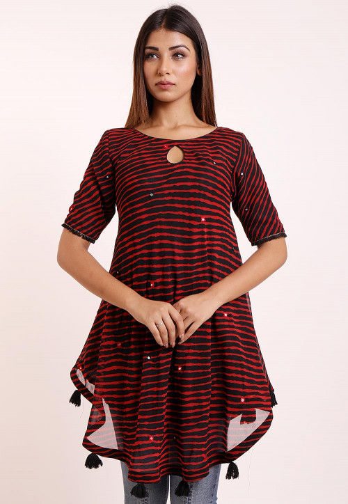 Leheriya Printed Georgette Asymmetric Tunic in Black and Red