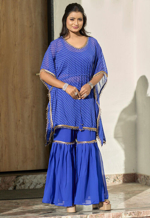 Leheriya Printed Georgette Kaftan Set in Royal Blue