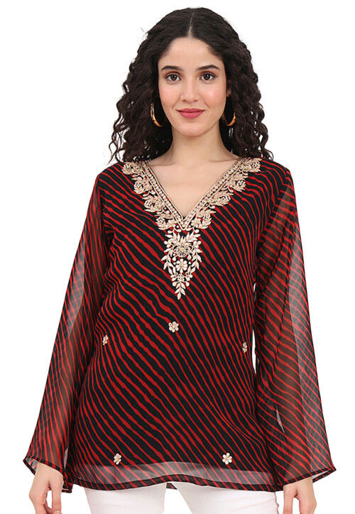 Leheriya Printed Georgette Kurti in Black and Red