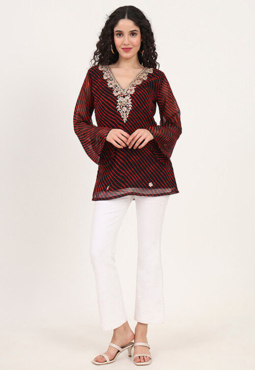 Leheriya Printed Georgette Kurti in Black and Red