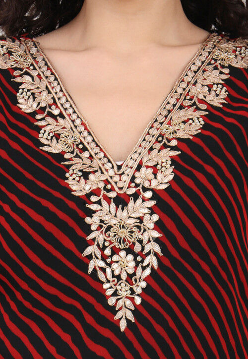 Leheriya Printed Georgette Kurti in Black and Red