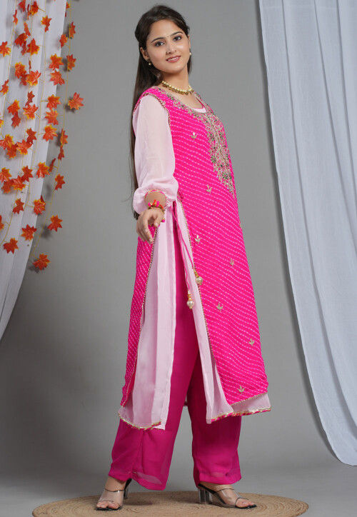 Leheriya Printed Georgette Layered Kurta Set in Pink and Baby Pink