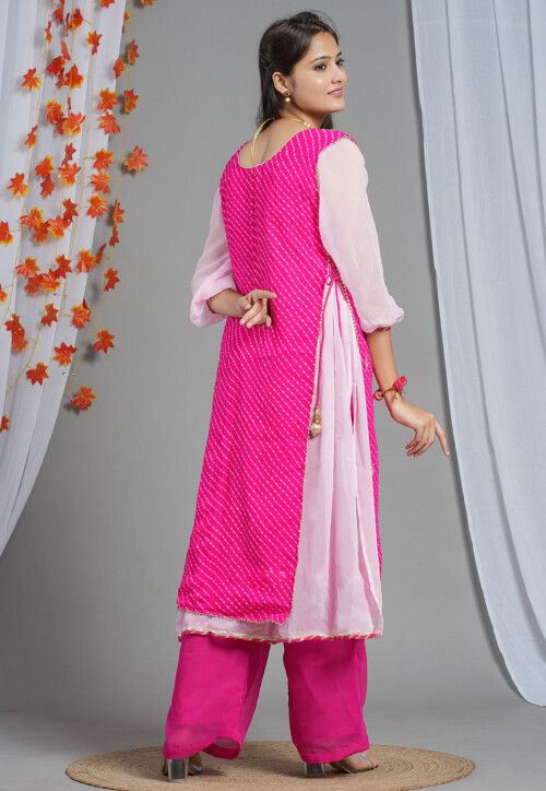 Leheriya Printed Georgette Layered Kurta Set in Pink and Baby Pink