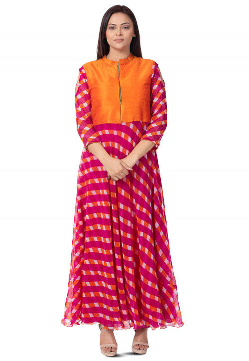 Leheriya Printed Georgette Long Kurta in Magenta and Orange