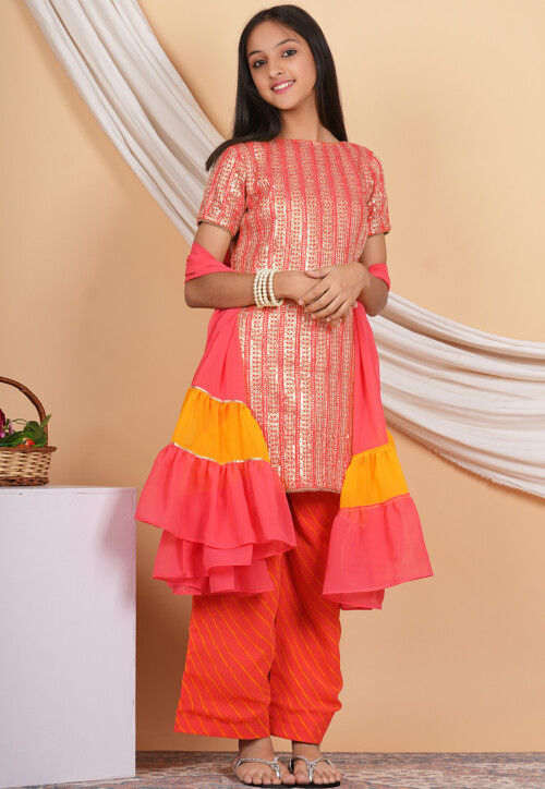 Leheriya Printed Georgette Pakistani Suit in Peach