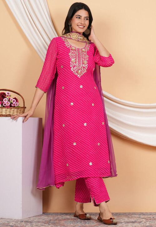 Buy Leheriya Printed Georgette Pakistani Suit in Pink Online