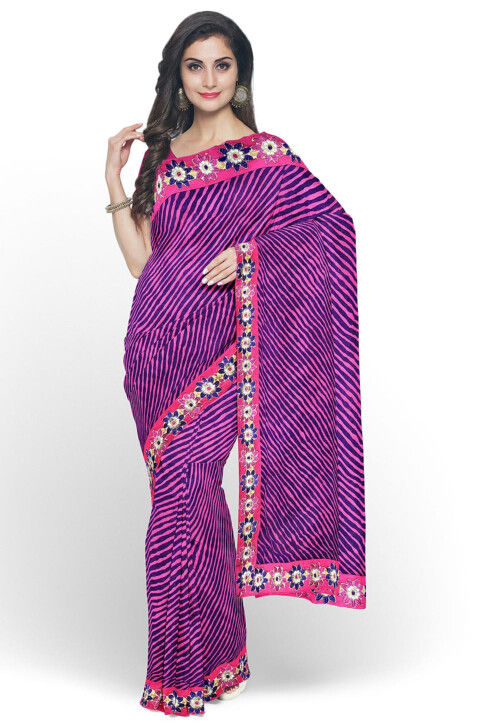Leheriya Printed Georgette Saree in Pink and Purple