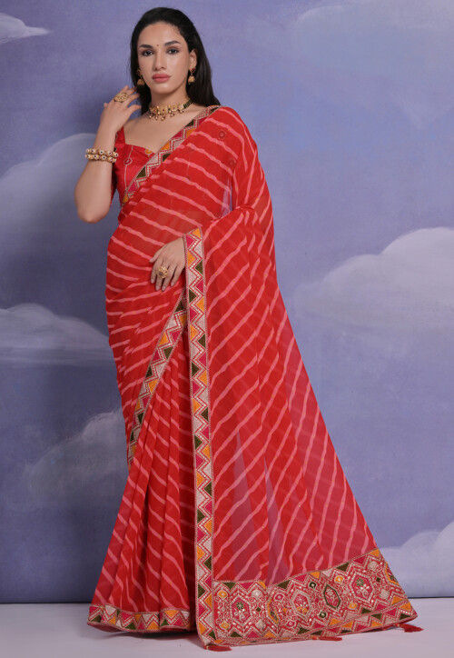 Leheriya Printed Georgette Saree in Red