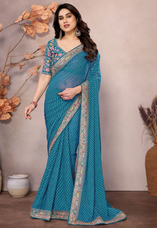 Leheriya Printed Georgette Saree in Teal Blue