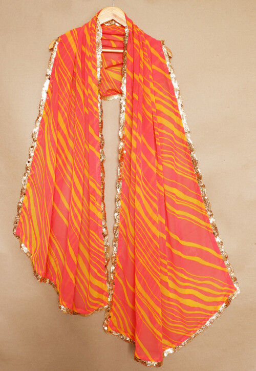 Leheriya Printed Georgette Scalloped Stole in Coral Red and Yellow