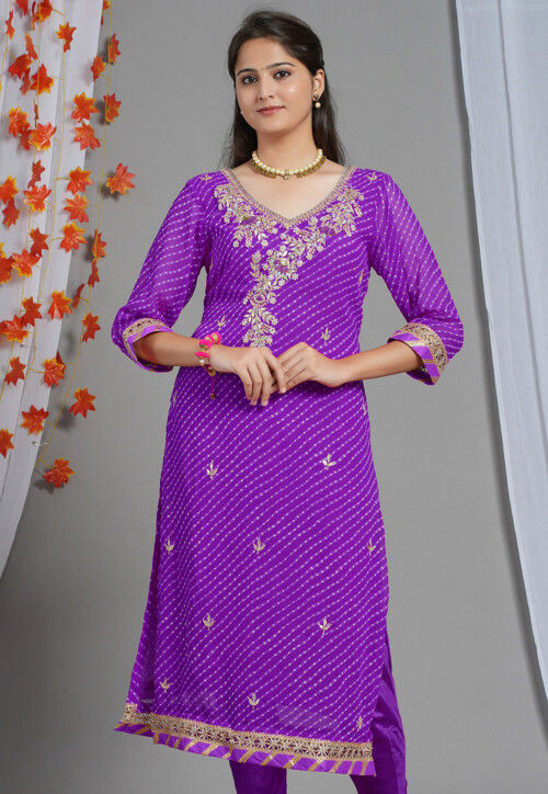 Leheriya Printed Georgette Straight Kurta in Purple