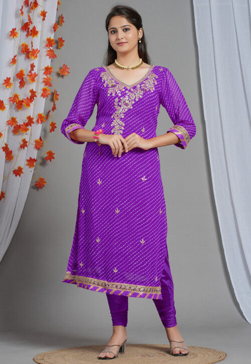 Leheriya Printed Georgette Straight Kurta Set in Purple