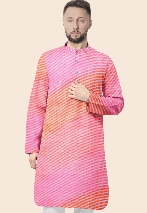 Leheriya Printed Kota Silk Kurta in Shaded Orange and Pink