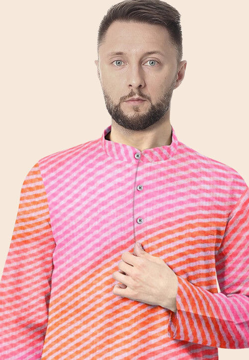 Leheriya Printed Kota Silk Kurta in Shaded Orange and Pink