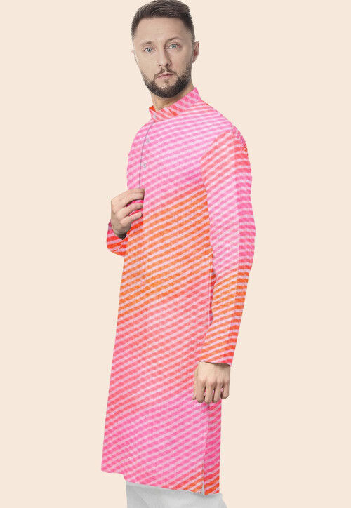 Leheriya Printed Kota Silk Kurta in Shaded Orange and Pink