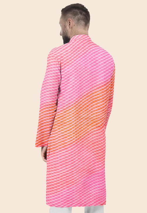 Leheriya Printed Kota Silk Kurta in Shaded Orange and Pink
