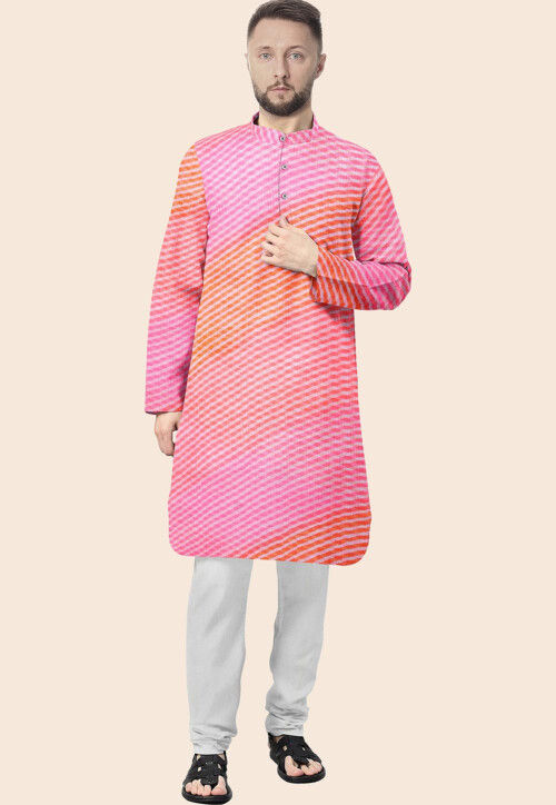 Leheriya Printed Kota Silk Kurta in Shaded Orange and Pink