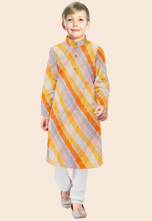 Leheriya Printed Kota Silk Kurta Set in Shaded Orange