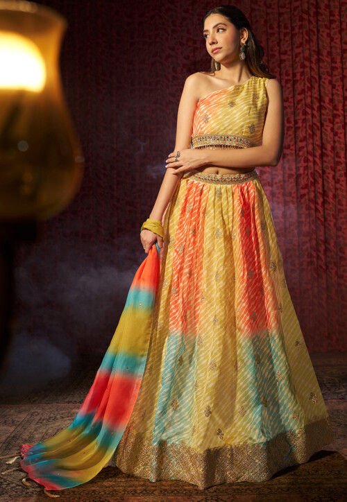 Leheriya Printed Organza Lehenga in Multicolor