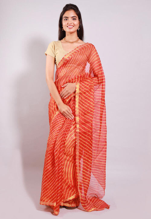 Leheriya Printed Pure Kota Silk Saree in Orange