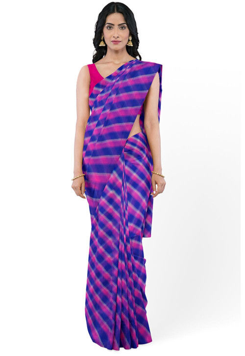 Leheriya Printed Pure Kota Silk Saree in Pink and Purple