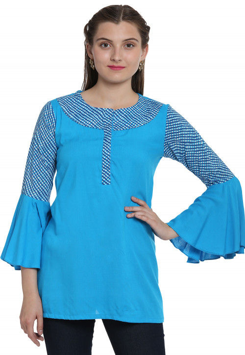 Leheriya Printed Rayon Top in Turquoise