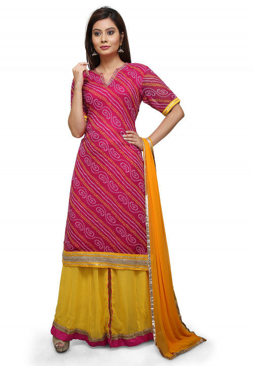 Bandhej Georgette Lehenga in Fuchsia and Yellow