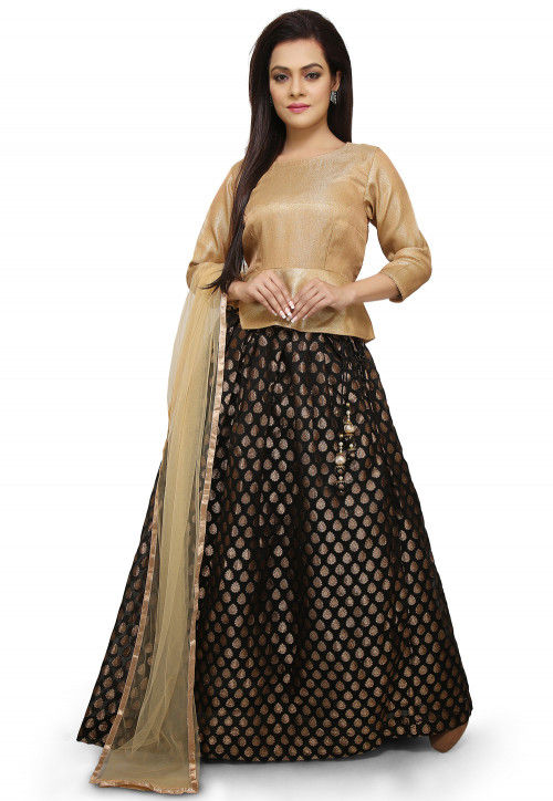 Woven Chanderi Silk Jacquard Lehenga in Black