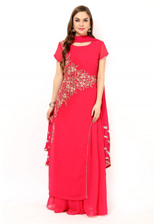 Embroidered  Georgette Lehenga in Coral